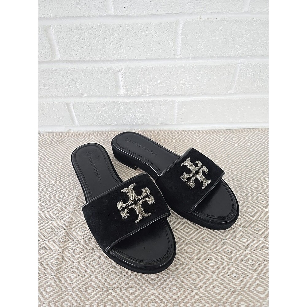 Tory Burch Eleanor Pavé Slide Sandals in Black Suede Crystal Embellished Logos 9 - Picture 2 of 13